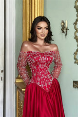 Romantic Red Off-The-Shoulder Long Sleeves Satin Wedding Dresses A-Line Beads With Pleats