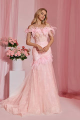 Pretty Pink Off-The-Shoulder Tulle Wedding Dresses Sheath With Feather Pleats