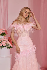Pretty Pink Off-The-Shoulder Tulle Wedding Dresses Sheath With Feather Pleats