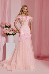 Pretty Pink Off-The-Shoulder Tulle Wedding Dresses Sheath With Feather Pleats
