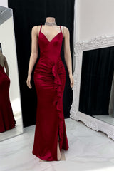 Classic Burgundy Spaghetti-Straps V-Neck Sleeveless Satin Wedding Dresses Mermaid Backless With Ruffles Zipper