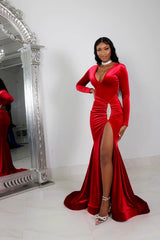 Beautiful Red V-Neck Long Sleeves Mermaid Wedding Dresses Column With High Split Pleats