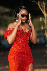 Dazzling Red Sweetheart One Shoulder Mermaid Wedding Dresses High Split With Beads