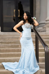 Glamorous Sky Blue Strapless Sleeveless Mermaid Wedding Dresses Sheath Gem With Lace-Up Back
