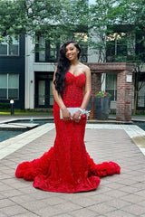 Luxury Red Sweetheart Strapless Sleeveless Wedding Dresses Mermaid Column With Beading