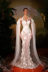 Classic White Halter Off-The-Shoulder Tulle Wedding Dresses Mermaid Pearl With Ruffles Flower