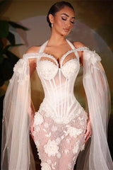 Classic White Halter Off-The-Shoulder Tulle Wedding Dresses Mermaid Pearl With Ruffles Flower