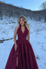 Luxury Red Halter V-Neck Sleeveless Lace Wedding Dresses A-Line Long With High Split