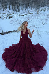Luxury Red Halter V-Neck Sleeveless Lace Wedding Dresses A-Line Long With High Split