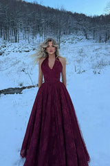 Luxury Red Halter V-Neck Sleeveless Lace Wedding Dresses A-Line Long With High Split