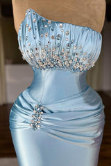 Beautiful Blue Strapless Sleeveless Satin Mermaid Wedding Dresses Gem With Pleats
