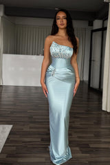 Beautiful Blue Strapless Sleeveless Satin Mermaid Wedding Dresses Gem With Pleats