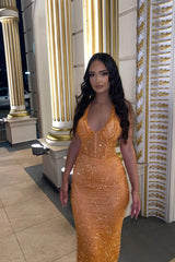 Classic Orange Halter V-Neck Sleeveless Sequins Wedding Dresses Mermaid Column On Sale