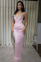 Dreamy Pink V-Neck Strapless Sleeveless Wedding Dresses Mermaid Sheath With Gem Pleats