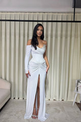 Glamorous White Sweetheart Long Sleeves Wedding Dresses Mermaid Gem With High Split
