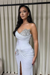 Glamorous White Sweetheart Long Sleeves Wedding Dresses Mermaid Gem With High Split