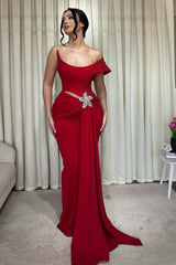 Luxury Red One Shoulder Satin Mermaid Wedding Dresses Sheath With Pleats Ruffles