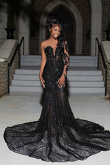 Dazzling Black V-Neck One Shoulder Long Sleeves Wedding Dresses Gem Beads With Zipper Lace-Up Back