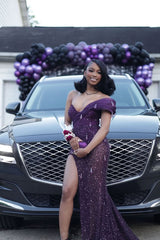 Romantic Grape V-Neck One Shoulder Mermaid Wedding Dresses Gem With High Split
