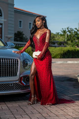 Vintage Red V-Neck Strapless Mermaid Wedding Dresses Detachable Sleeves Pearls With Side Split