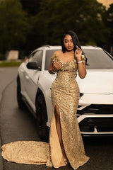 Romantic Gold Strapless Sleeveless Sequins Wedding Dresses Mermaid Gem With High Split