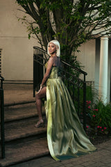 Minimalist Green V-Neck Hi-Lo Strapless Satin Wedding Dresses Sleeveless With Lace-Up Back