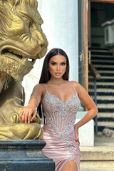 Glamorous Pink V-Neck Spaghetti-Straps Sleeveless Satin Wedding Dresses Mermaid Gem With High Split