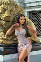 Glamorous Pink V-Neck Spaghetti-Straps Sleeveless Satin Wedding Dresses Mermaid Gem With High Split