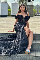 Vintage Black Off-The-Shoulder Mermaid Wedding Dresses Sheath Long With High Split