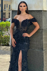 Vintage Black Off-The-Shoulder Mermaid Wedding Dresses Sheath Long With High Split