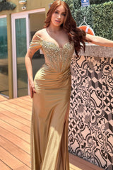Luxury Sweetheart Spaghetti-Straps Off-The-Shoulder Satin Wedding Dresses High Split Gem With Lace-Up Back