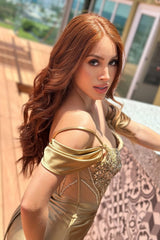 Luxury Sweetheart Spaghetti-Straps Off-The-Shoulder Satin Wedding Dresses High Split Gem With Lace-Up Back
