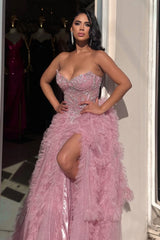 Dreamy Dusty Rose V-Neck Strapless Sleeveless Tulle Wedding Dresses A-Line High Split With Gem