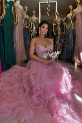 Dreamy Dusty Rose V-Neck Strapless Sleeveless Tulle Wedding Dresses A-Line High Split With Gem