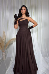 Luxury Chocolate Strapless Sleeveless Chiffon Wedding Dresses A-Line With Pleats