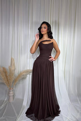 Luxury Chocolate Strapless Sleeveless Chiffon Wedding Dresses A-Line With Pleats