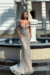 Dazzling V-Neck Off-The-Shoulder Mermaid Wedding Dresses Column Long With Gem