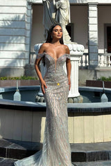 Dazzling V-Neck Off-The-Shoulder Mermaid Wedding Dresses Column Long With Gem