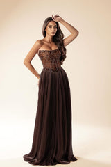 Romantic Chocolate Strapless Sleeveless Chiffon Wedding Dresses A-Line Gem With Beads