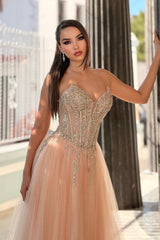 Luxury Coral V-Neck Strapless Sleeveless Tulle Wedding Dresses A-Line Long With Gem