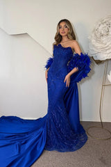 Vintage Royal Blue Strapless Sleeveless Mermaid Wedding Dresses Beads With Detachable Train
