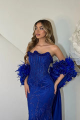 Vintage Royal Blue Strapless Sleeveless Mermaid Wedding Dresses Beads With Detachable Train