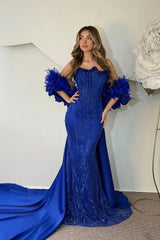 Vintage Royal Blue Strapless Sleeveless Mermaid Wedding Dresses Beads With Detachable Train