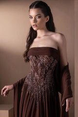 Vintage Dark Brown Strapless Sleeveless Chiffon Wedding Dresses A-Line Beads With Shawl