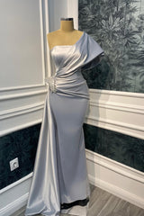 Glamorous One Shoulder Satin Mermaid Wedding Dresses Sheath Gem With Pleats Ruffles