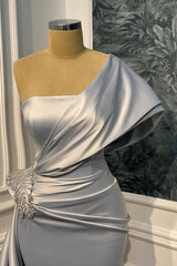 Glamorous One Shoulder Satin Mermaid Wedding Dresses Sheath Gem With Pleats Ruffles