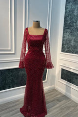 Vintage Burgundy Square Long Sleeves Sequins Wedding Dresses Mermaid Sheath Online