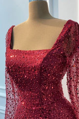 Vintage Burgundy Square Long Sleeves Sequins Wedding Dresses Mermaid Sheath Online
