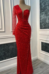 Classic Red One Shoulder Long Sleeves Sequins Wedding Dresses Mermaid Online