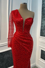 Classic Red One Shoulder Long Sleeves Sequins Wedding Dresses Mermaid Online